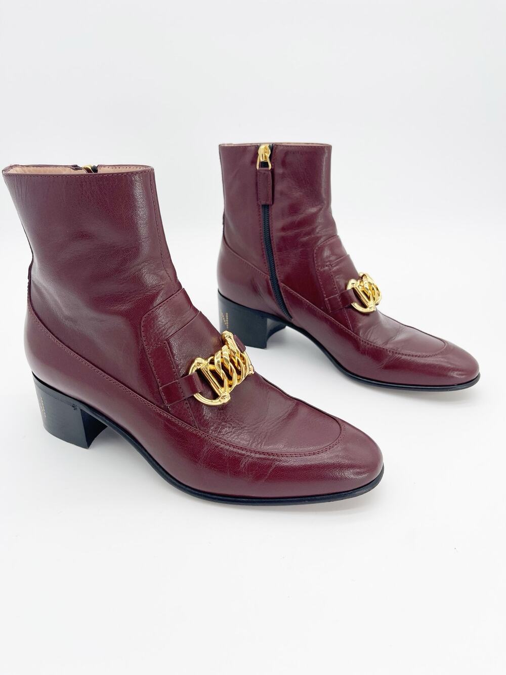 Gucci Burgundy Leather Chain Horsebit Kitten Block Heel Ankle Boots EU 37